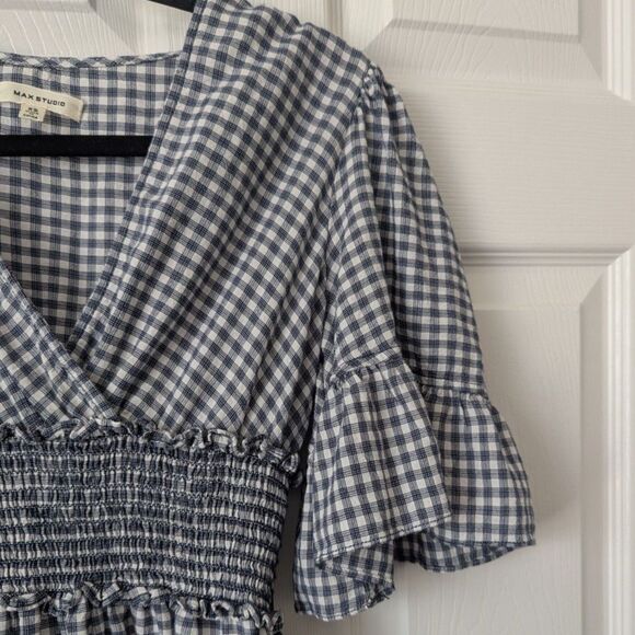 Max Studio Gingham Tiered Midi Dress | XS | Navy & White | Smocked Waist - Picture 3 of 6